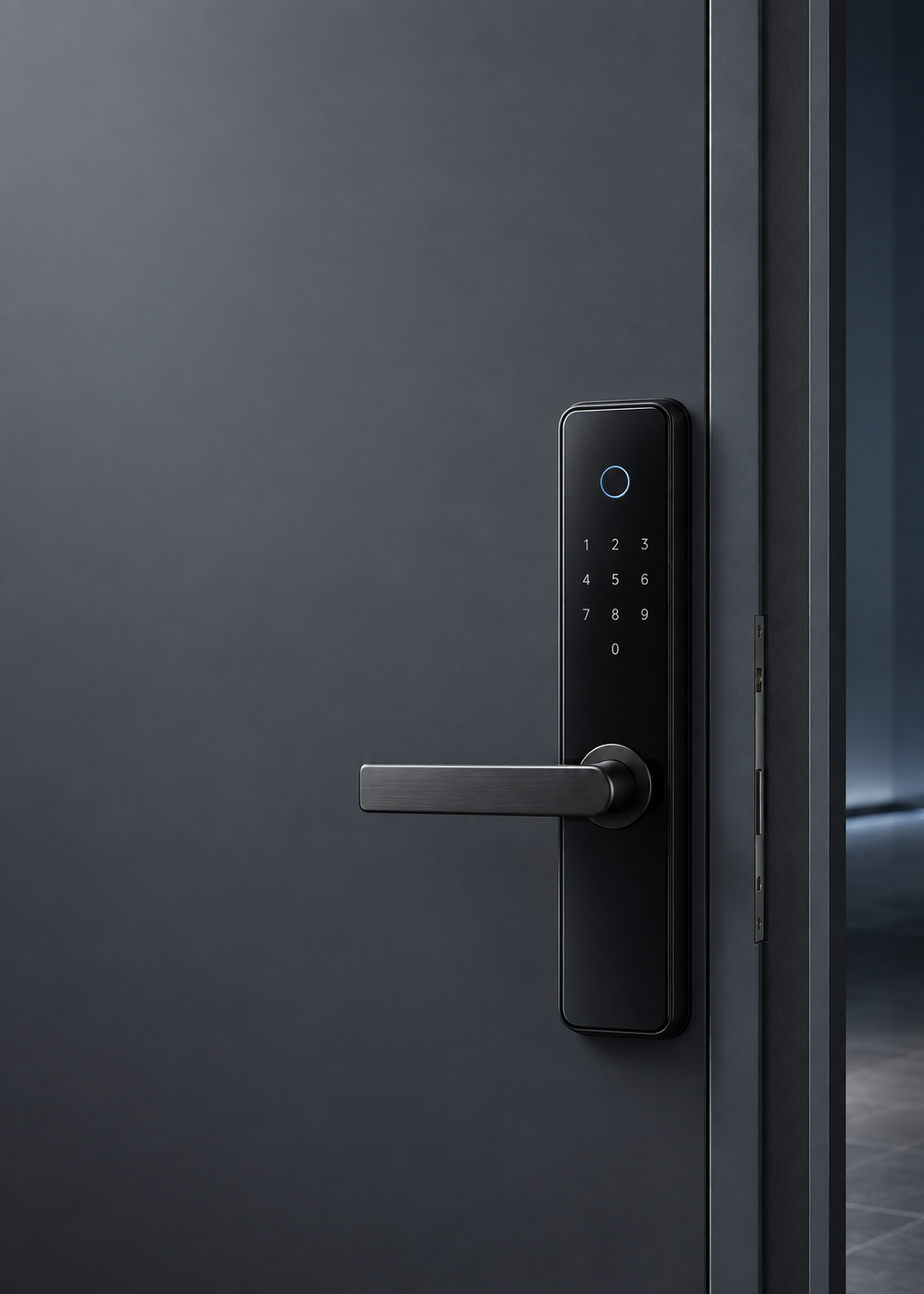 Smart door lock with keypad and fingerprint sensor on a dark door