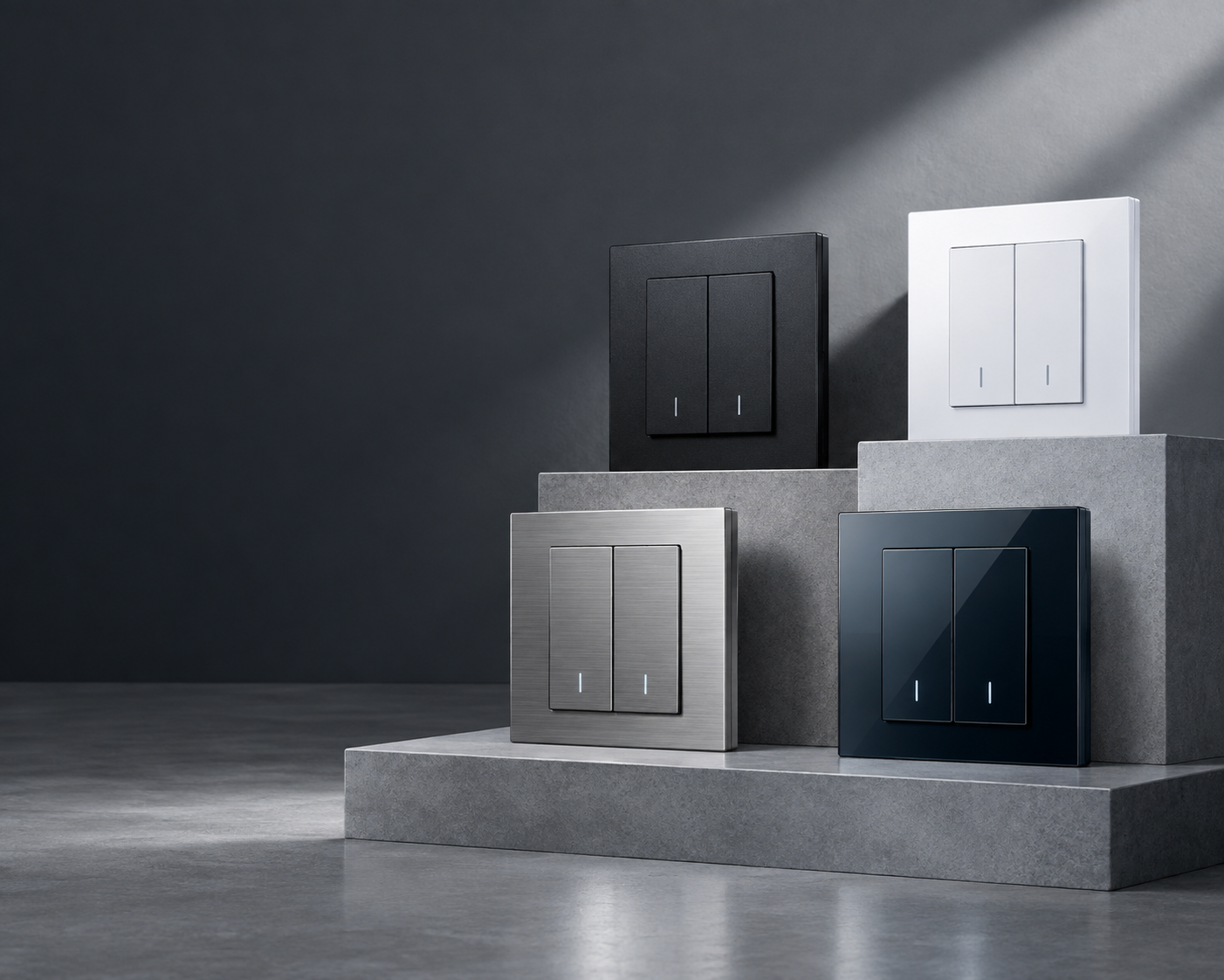 Smart switches in four finishes arranged on stone display plinths