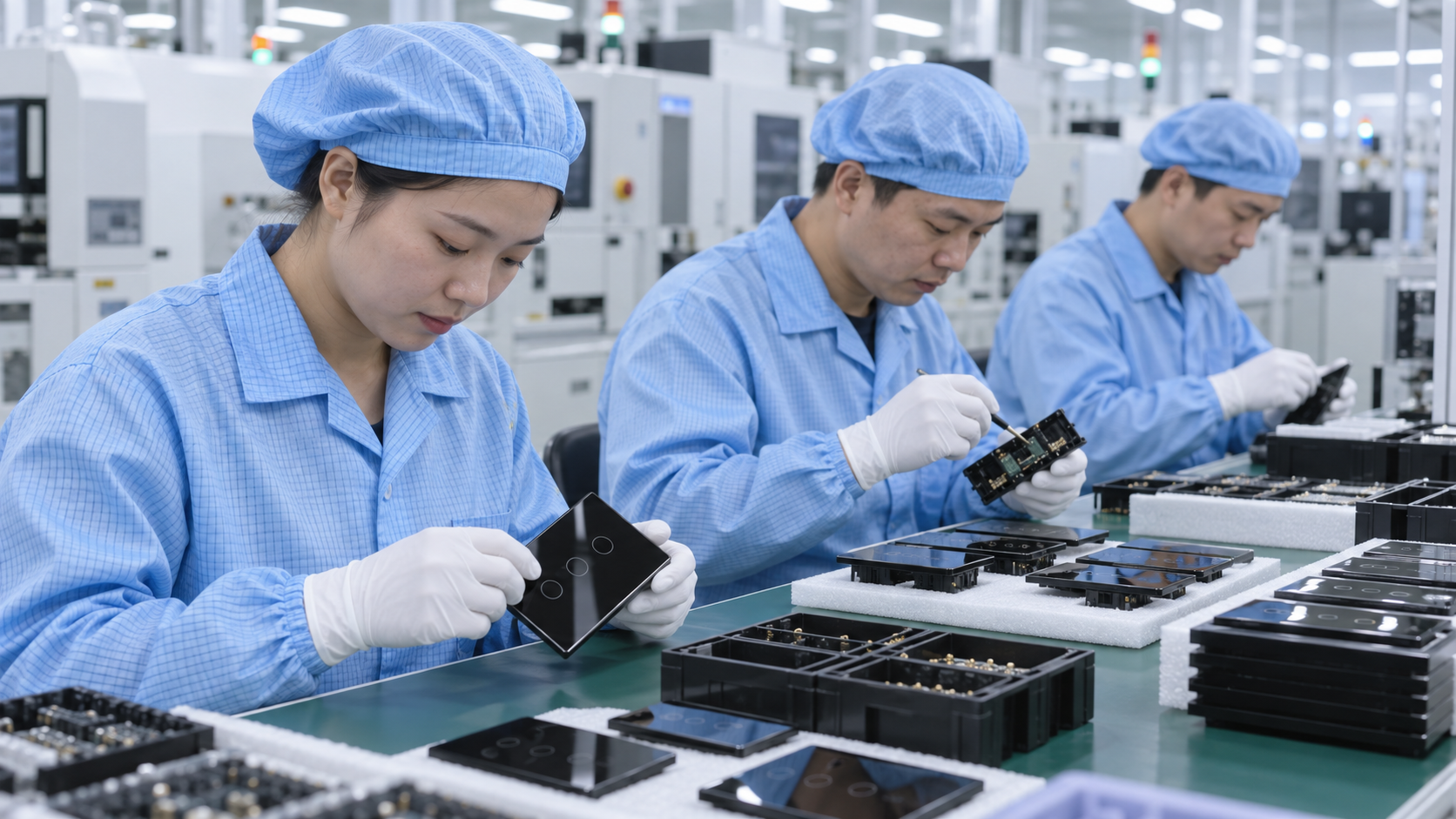 Asian electronics workers assembling smart control panels