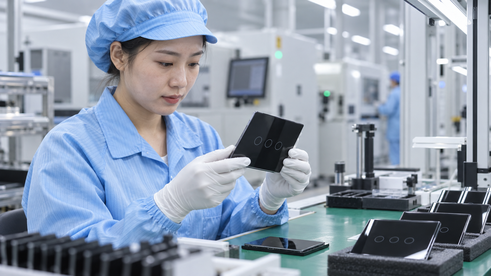 Asian quality inspector checking a black smart switch panel