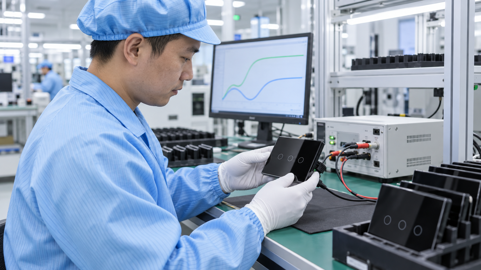 Asian technician testing a smart switch panel with laboratory equipment