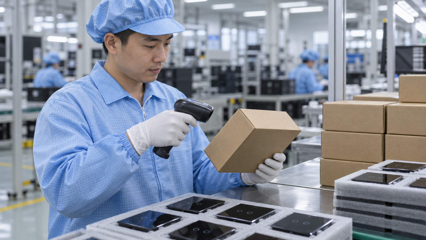 Asian factory operator scanning a package at the electronics packing station