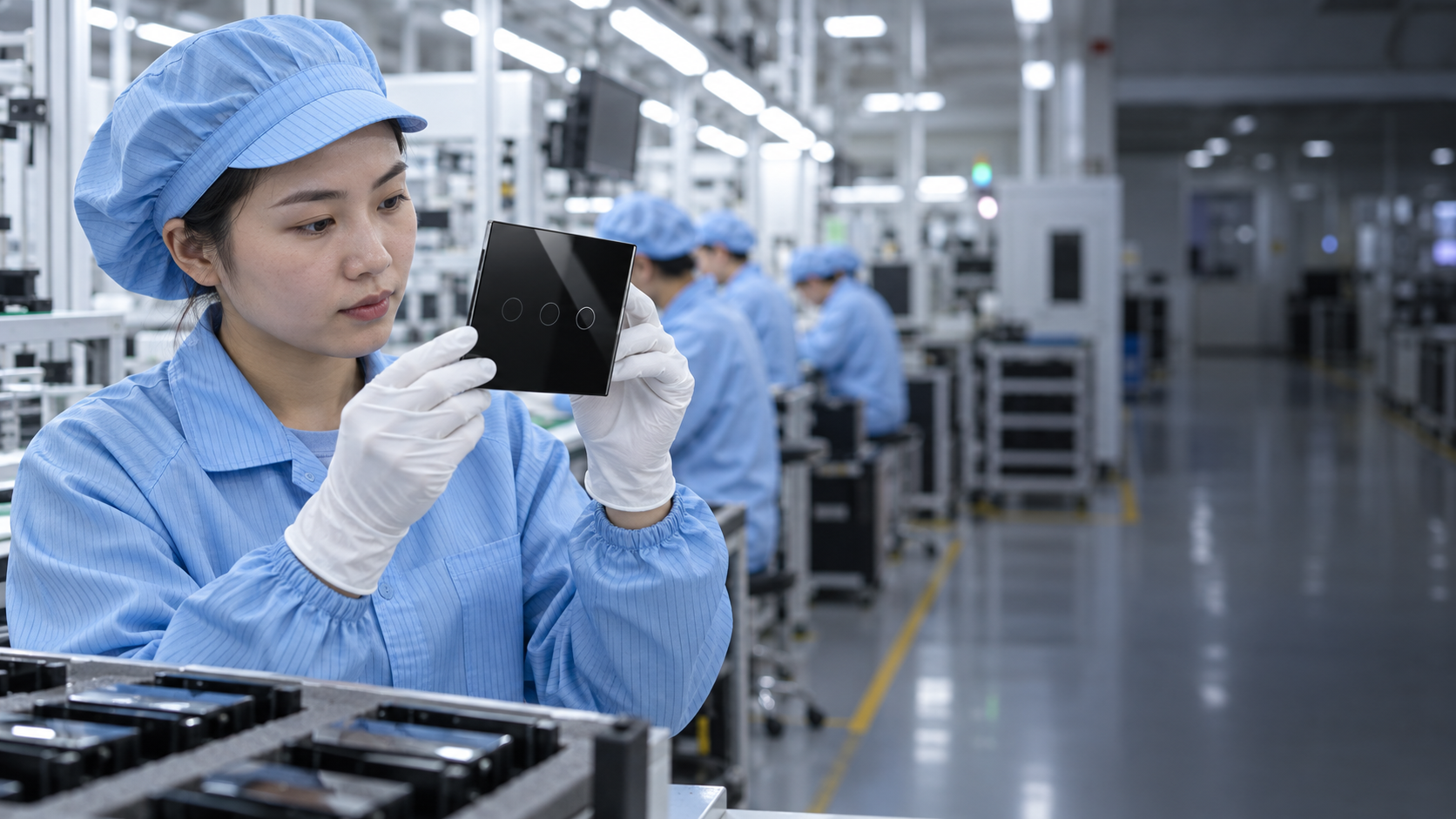 Asian quality inspector examining a black smart control panel on the production line