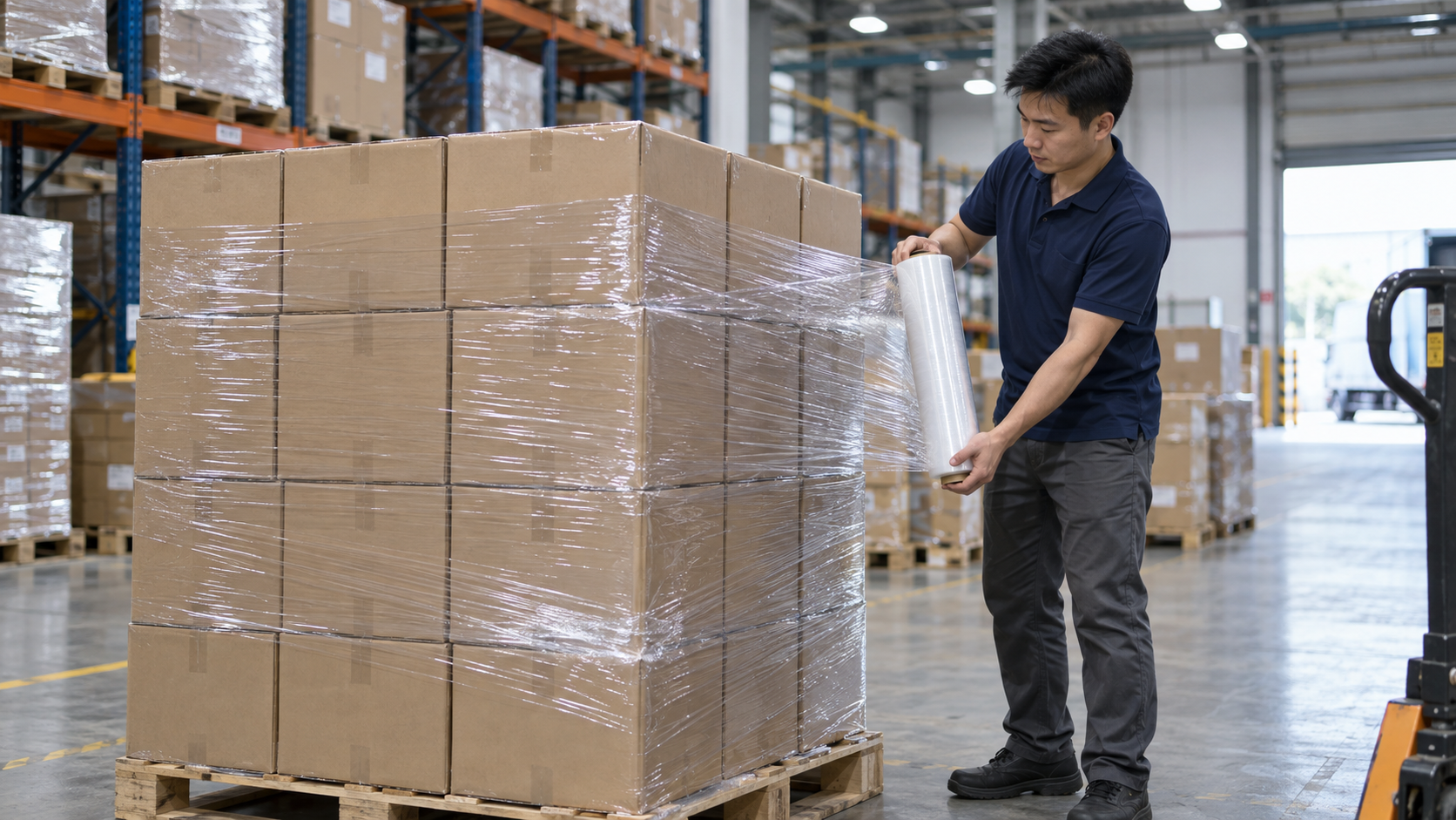 Asian logistics worker preparing unbranded cartons for shipment