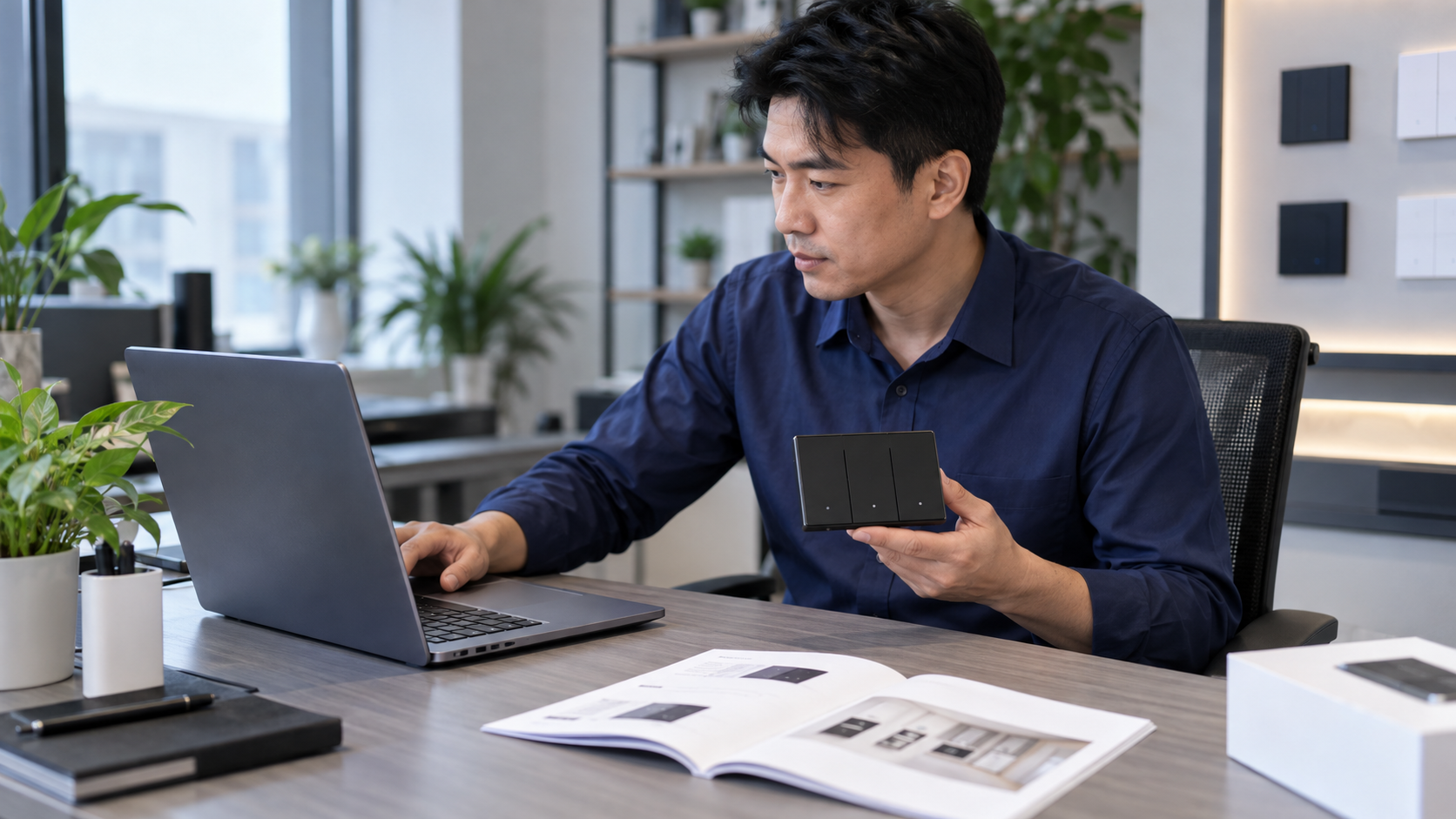 Asian product support specialist reviewing a smart control product