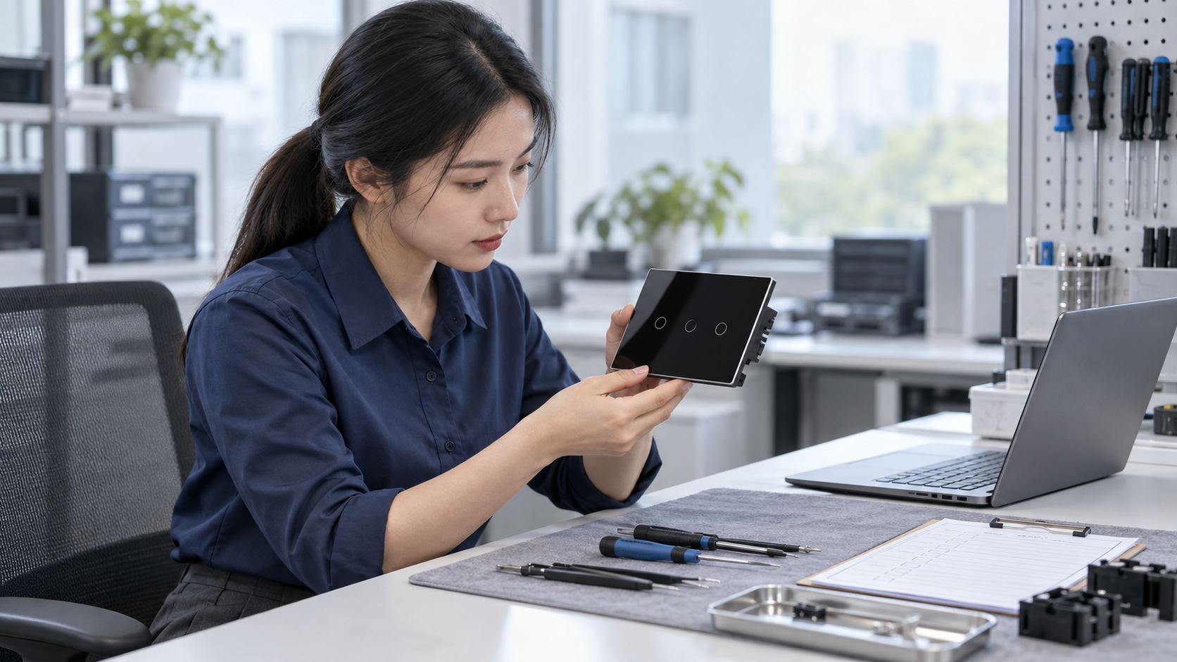 Asian technical support specialist examining a smart control panel