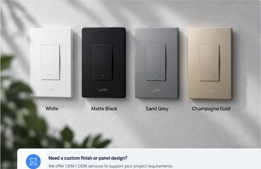 Four Lumi wall switch finishes installed on a textured wall